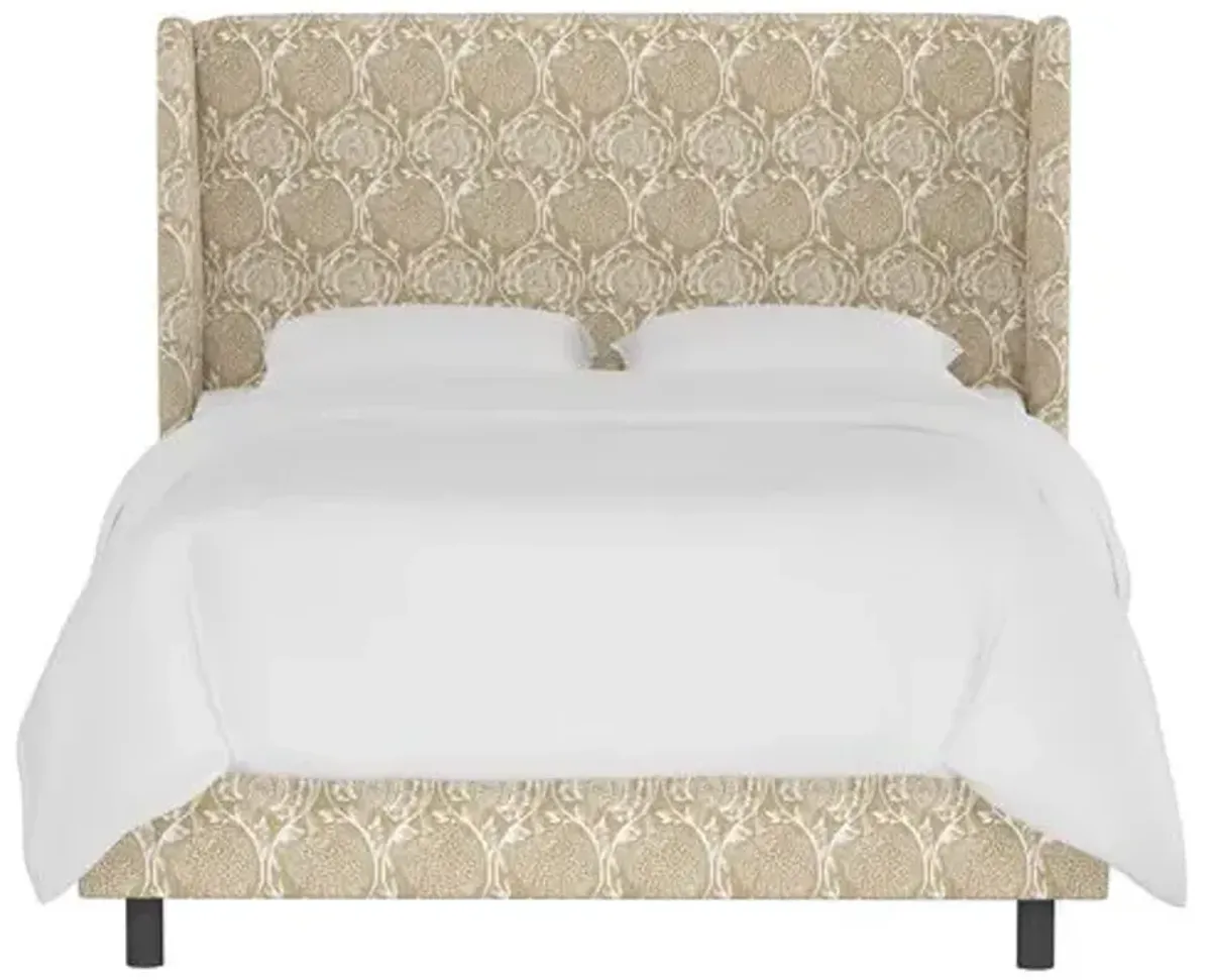 Kelly Wingback Bed - Ranjit Floral - Handcrafted - Beige, Mattress, Box Spring Required