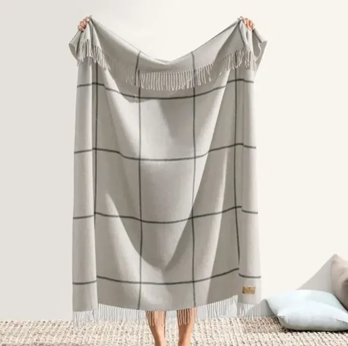 Windowpane Cashmere Throw - Lands Downunder - Gray, Fringed