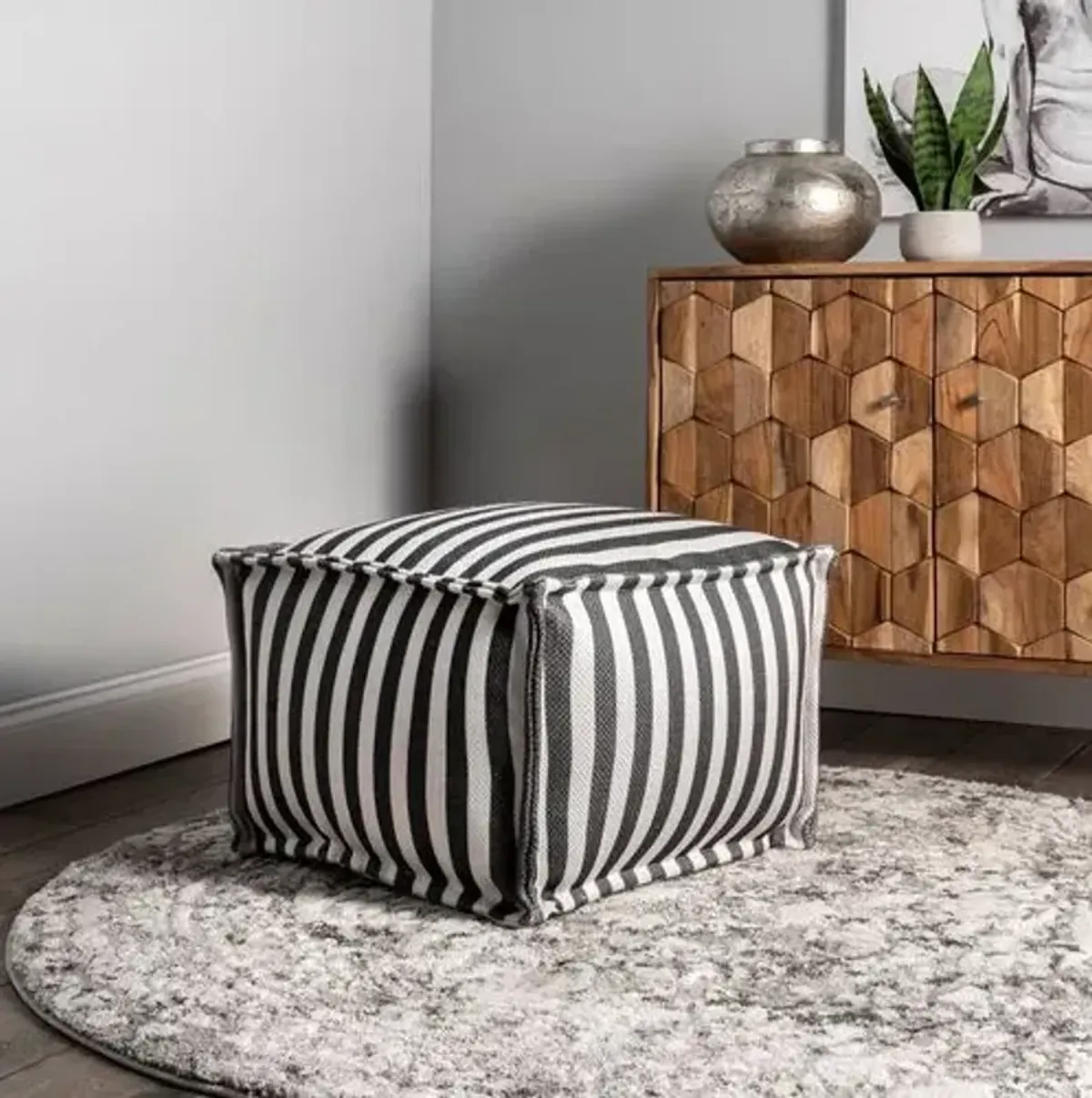 Striped Pouf - Gray