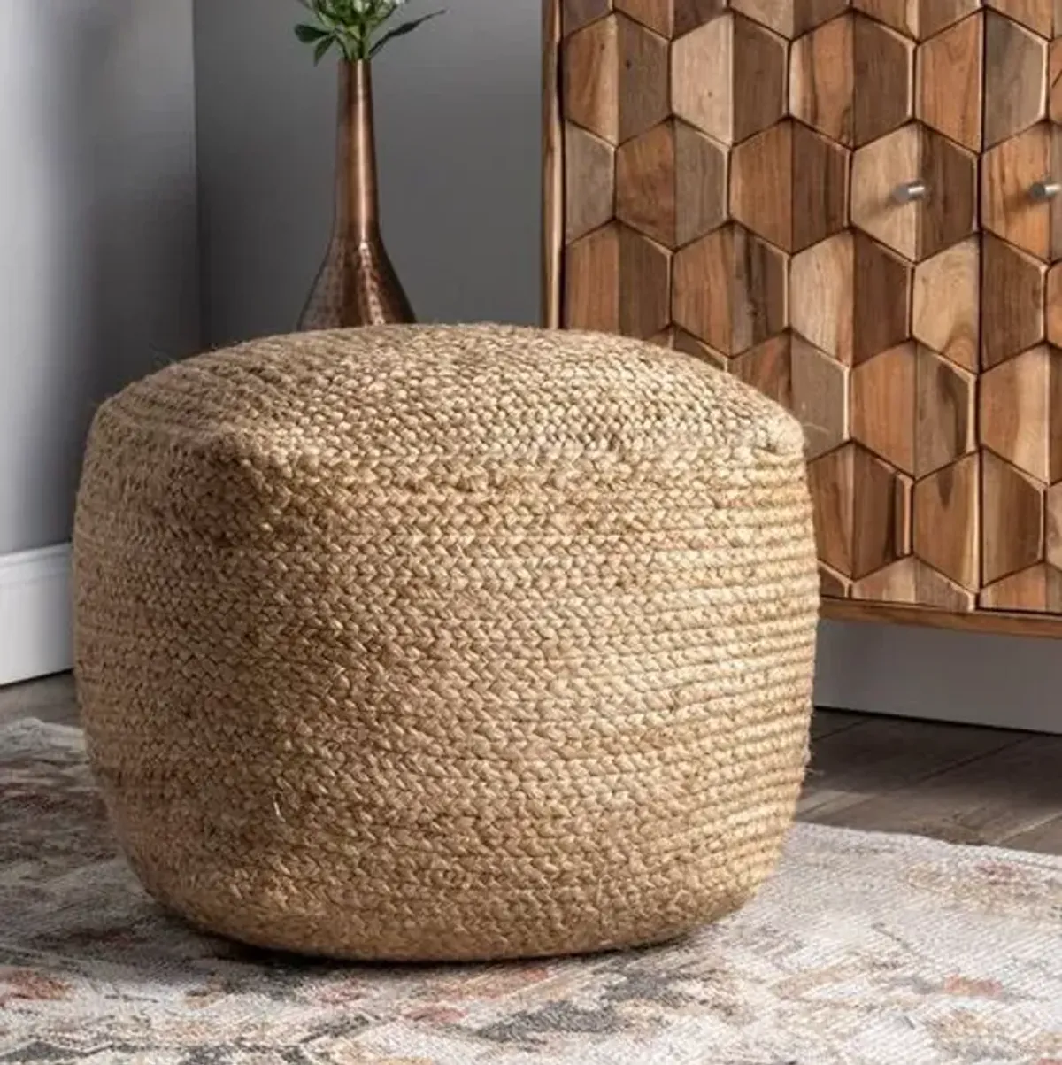 Braided Jute Pouf - Beige