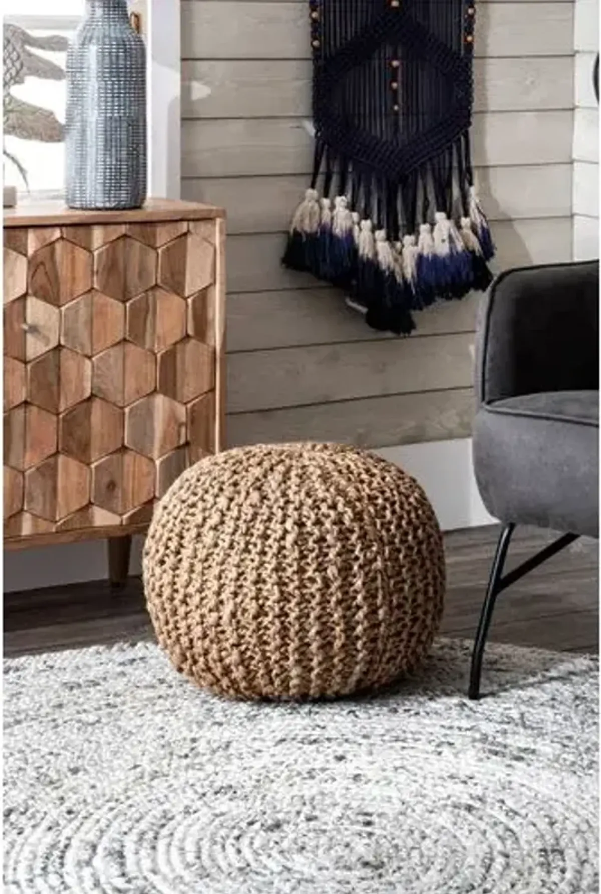 Knitted Jute Pouf - Beige