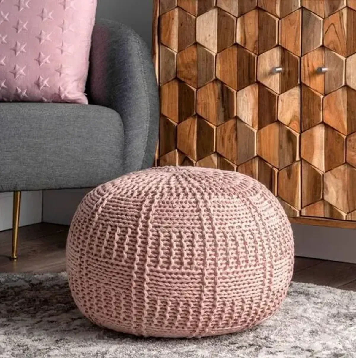 Basketweave Pouf - Pink