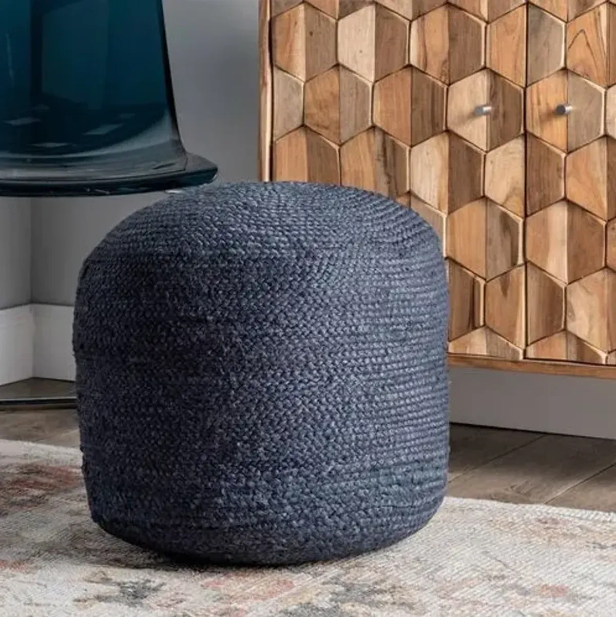 Braided Jute Cable Pouf - Denim - Blue