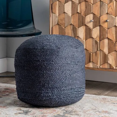 Braided Jute Cable Pouf - Denim - Blue