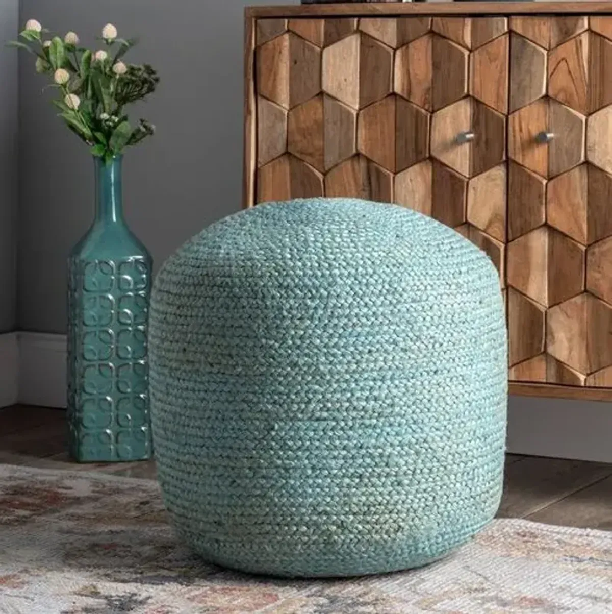 Braided Jute Cable Pouf - Blue