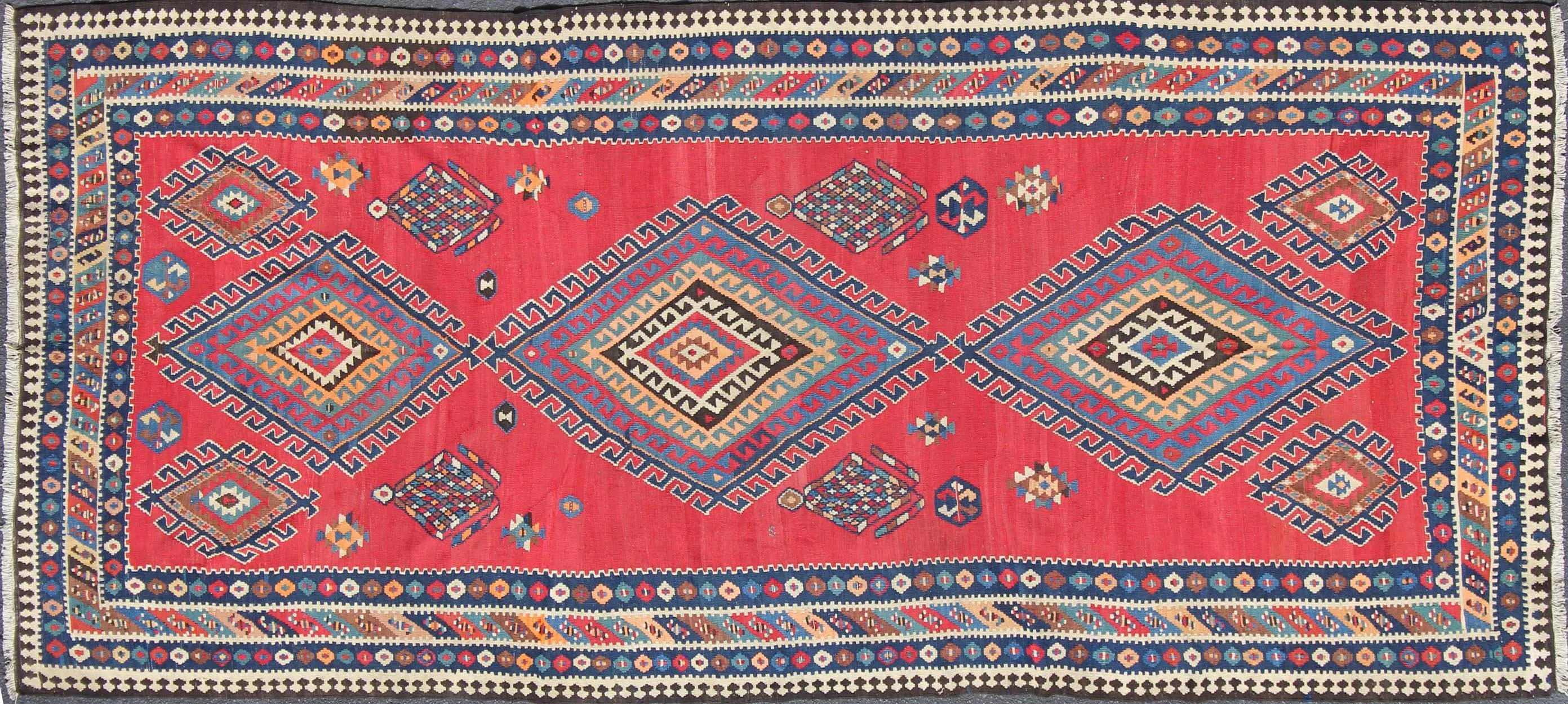 Antique Persian Qashqai Kilim 6'2 x 13'7 - Keivan Woven Arts - Red