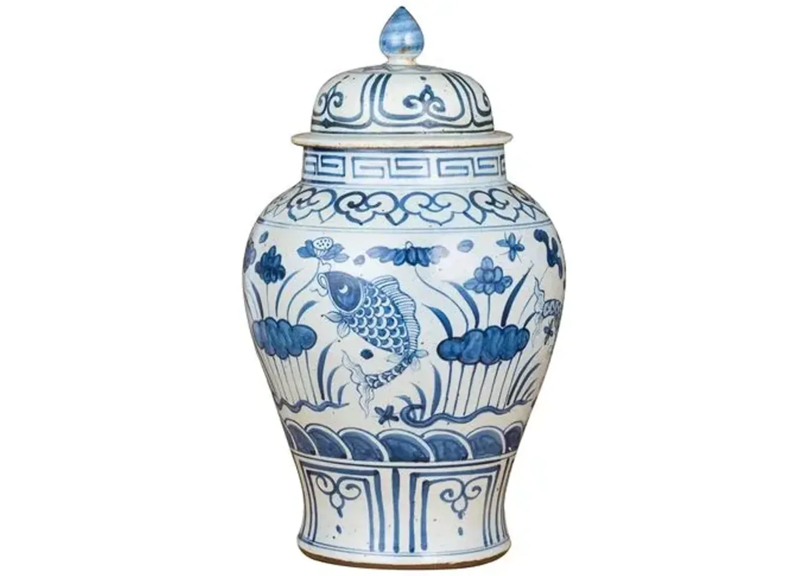 16" Small Fish Temple Jar - Blue