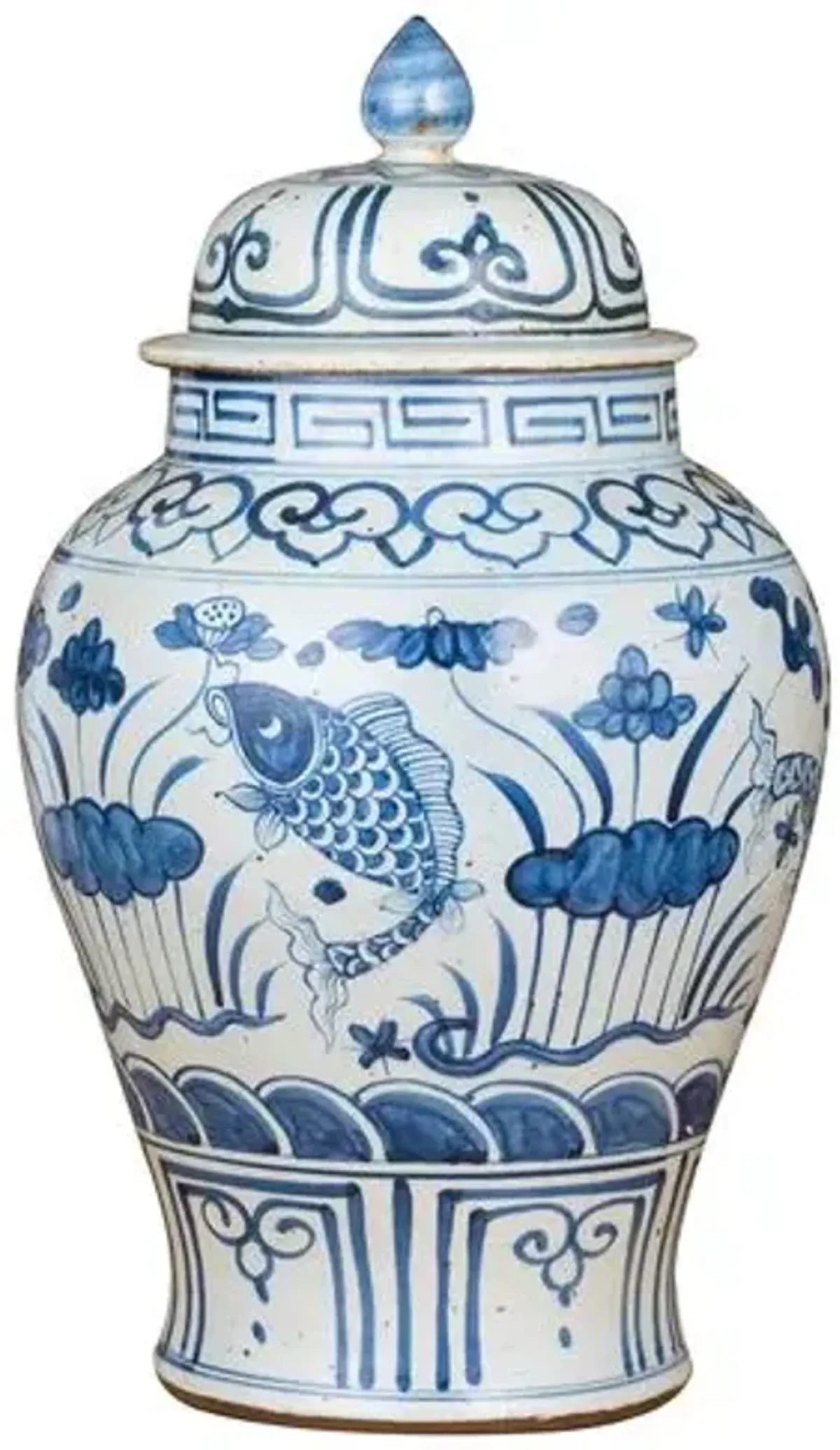 16" Small Fish Temple Jar - Blue