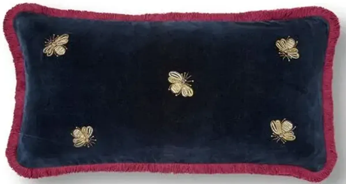 Embroidered bee fringe 20x10 pillow - Blue - Joanna Buchanan