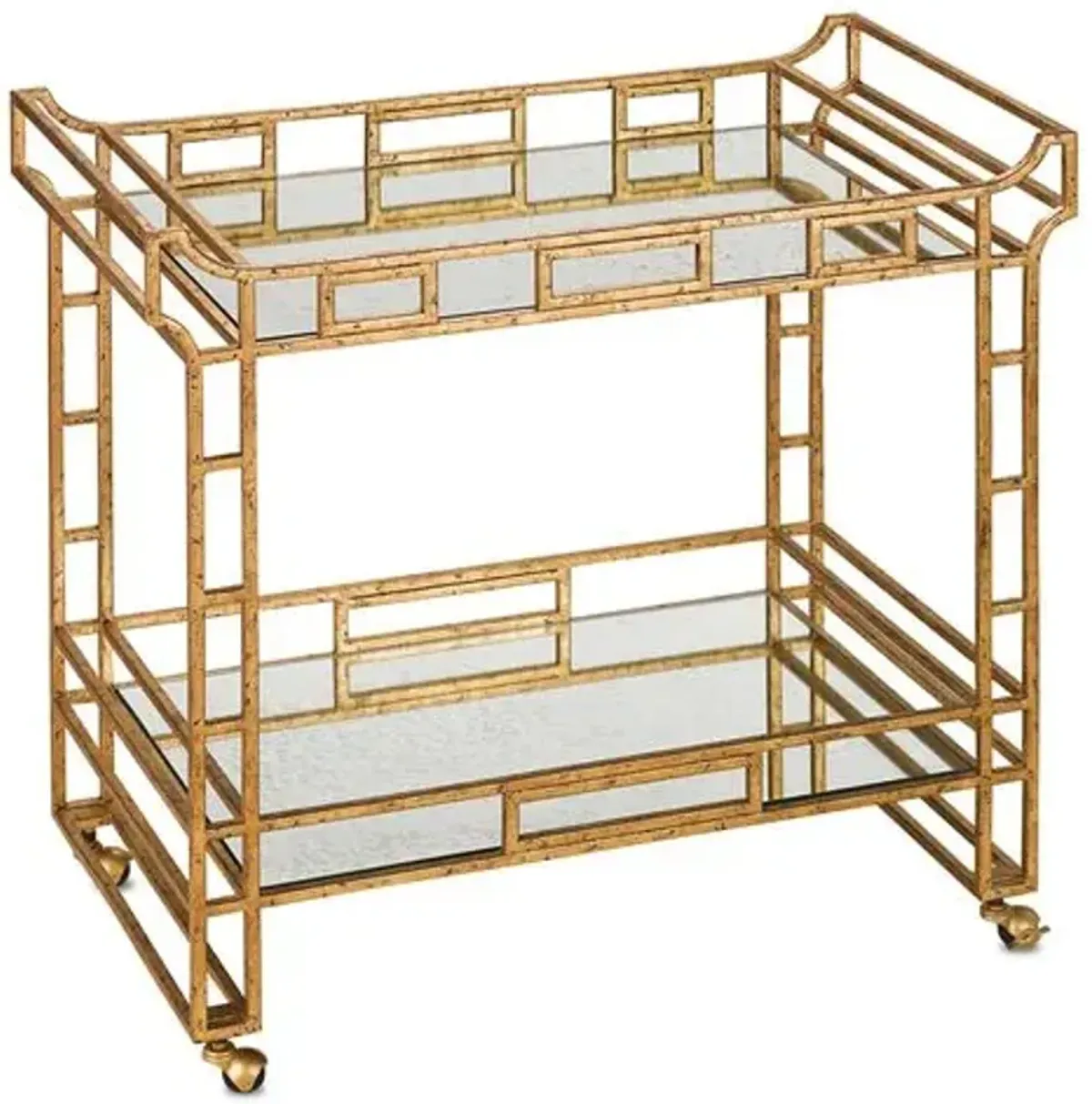 Odeon Bar Cart - Seneca Gold Leaf/Antique Mirror - Currey & Company - Clear