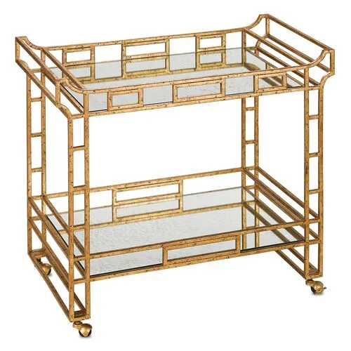 Odeon Bar Cart - Seneca Gold Leaf/Antique Mirror - Currey & Company - Clear