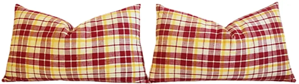 French Red & Yellow Plaid Pillows, Pair