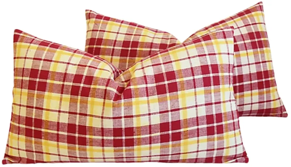 French Red & Yellow Plaid Pillows, Pair