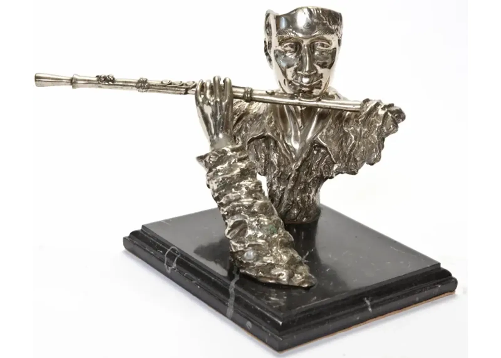 Flautist Sculpture on Marble Base - Fleur de Lex Antiques - Silver