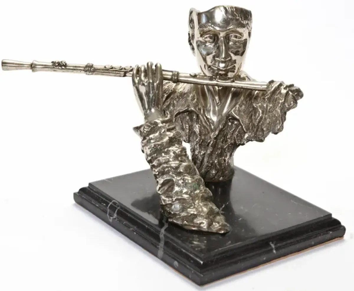 Flautist Sculpture on Marble Base - Fleur de Lex Antiques - Silver