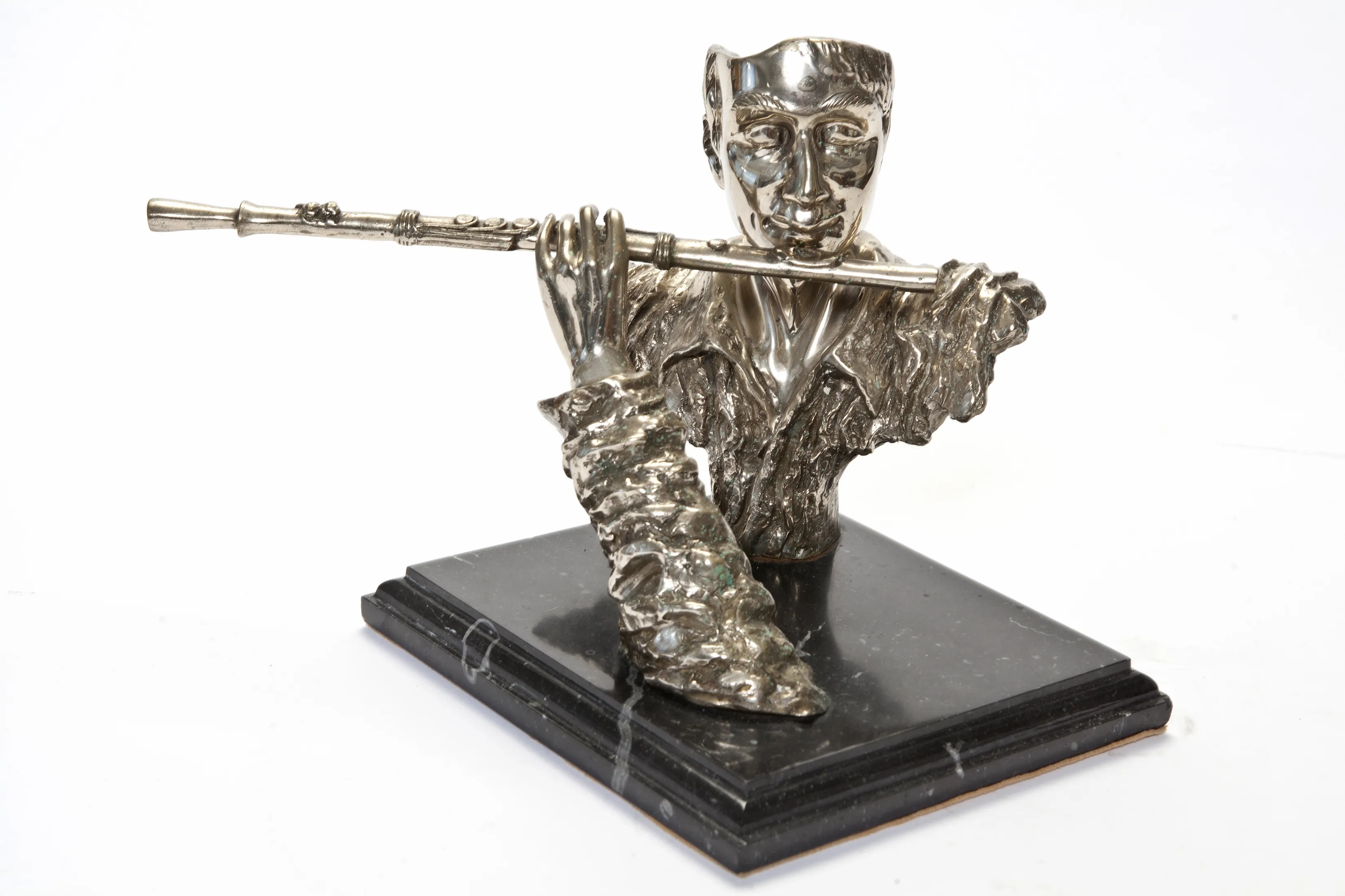 Flautist Sculpture on Marble Base - Fleur de Lex Antiques - Silver