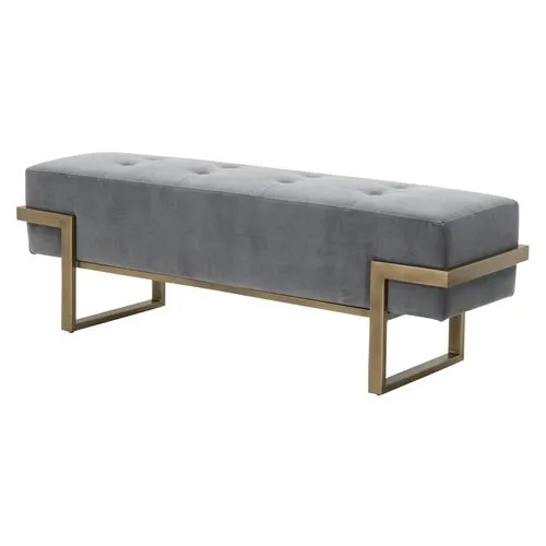 Kira Upholstered Bench - Gray Velvet/Brass