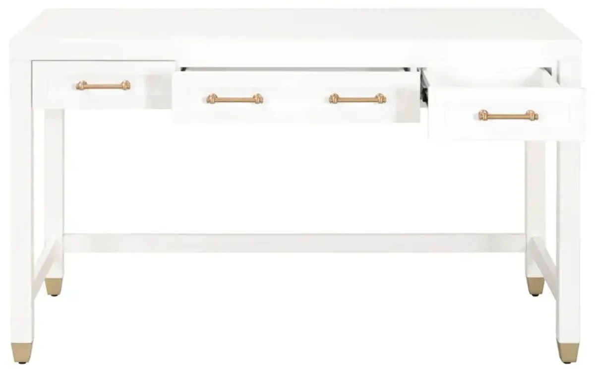 Lilou 3-Drawer Desk, White/Brass