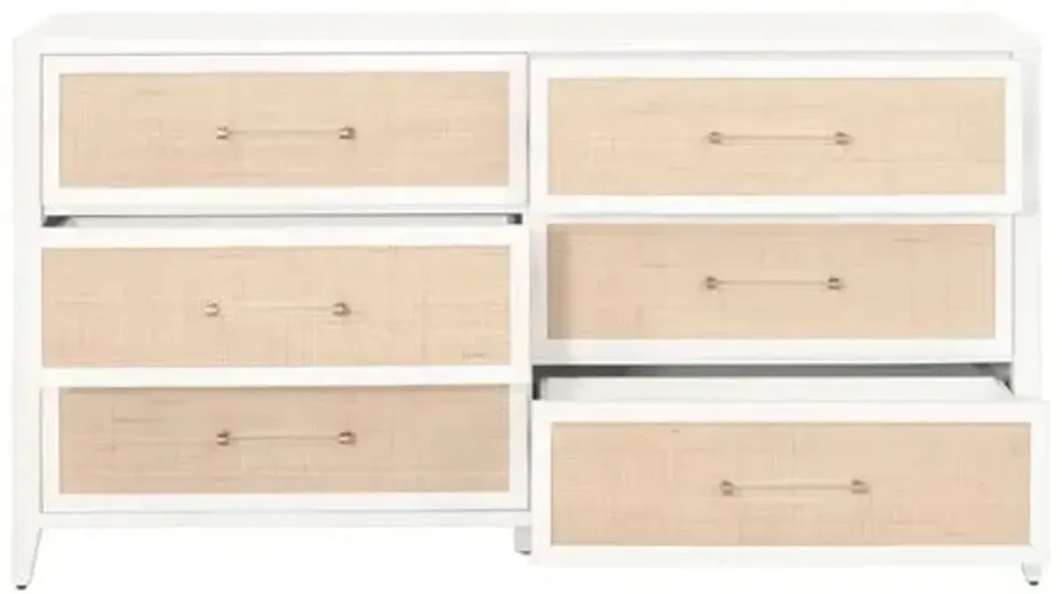 Ellen Rattan 6-Drawer Double Dresser - White/Brass