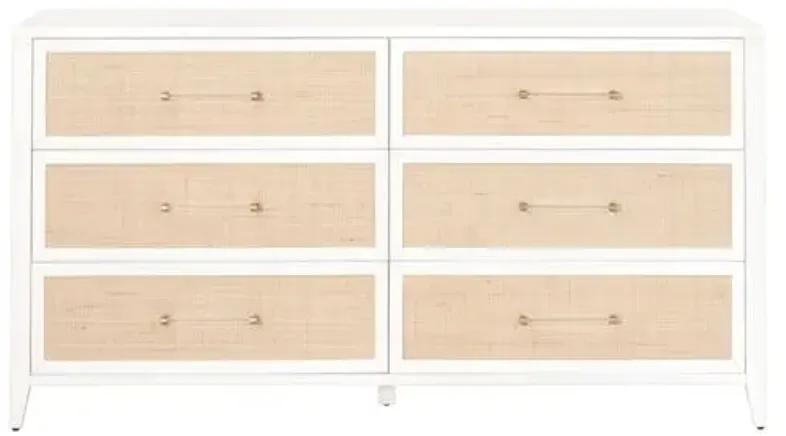 Ellen Rattan 6-Drawer Double Dresser - White/Brass