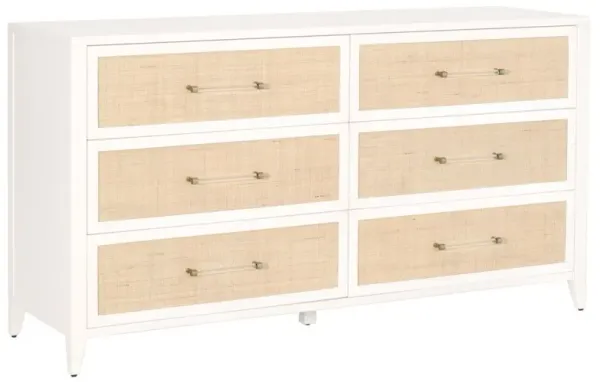 Ellen Rattan 6-Drawer Double Dresser, White/Brass
