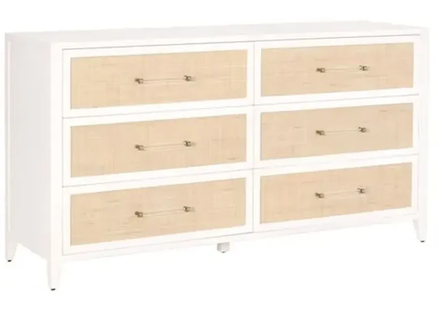 Ellen Rattan 6-Drawer Double Dresser - White/Brass