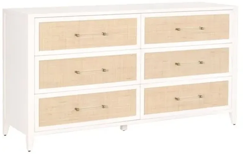 Ellen Rattan 6-Drawer Double Dresser - White/Brass