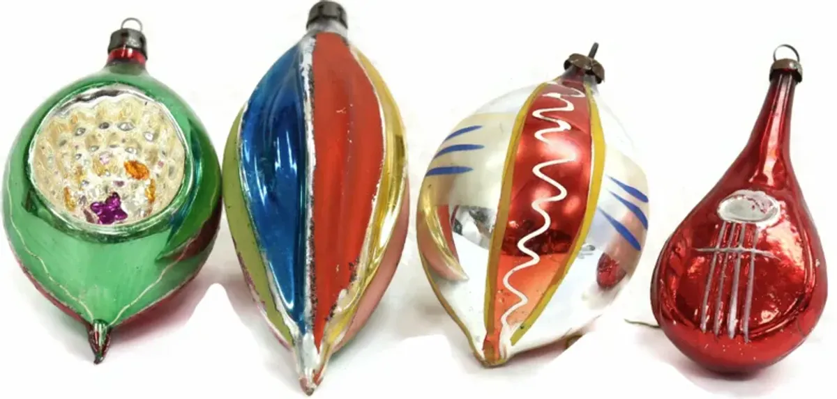 Midcentury Mercury Glass Ornaments - Set of 4 - Rose Victoria - Red