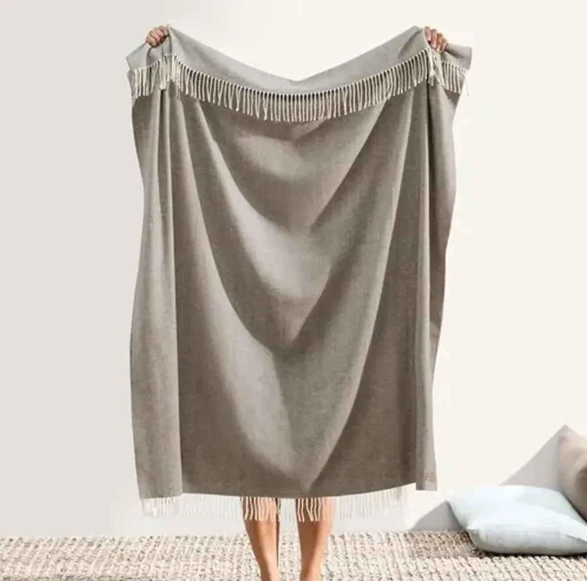 Herringbone Throw - Lands Downunder - Gray - Lightweight, Soft, Warm, Fringed