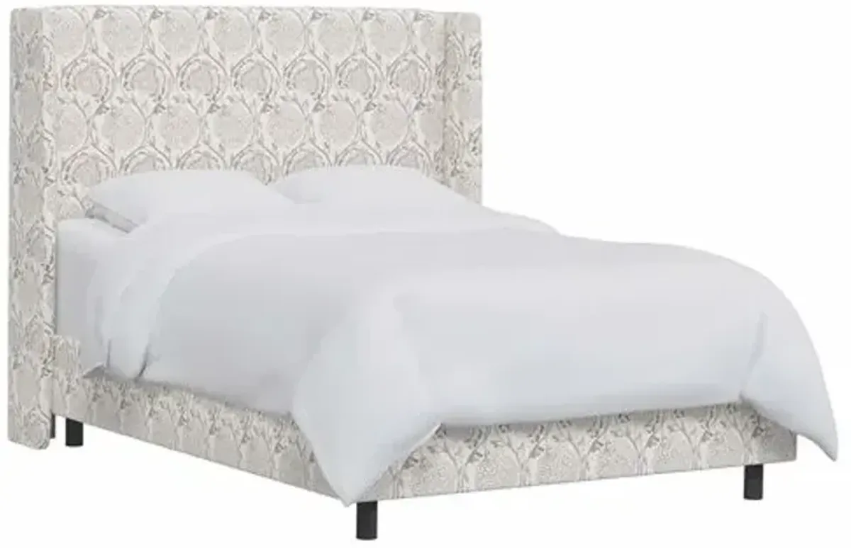 Kelly Wingback Bed - Ranjit Floral - Handcrafted - Brown, Mattress, Box Spring Required