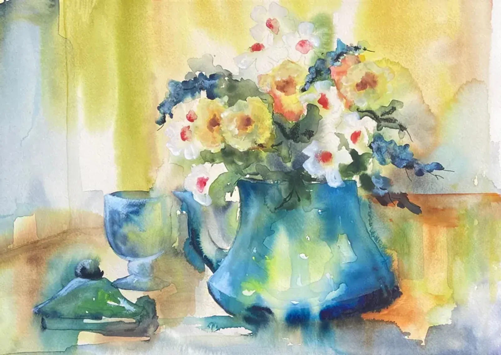 Spring Flowers in a Blue Jug - 1960s - McNaught Fine Art - Yellow