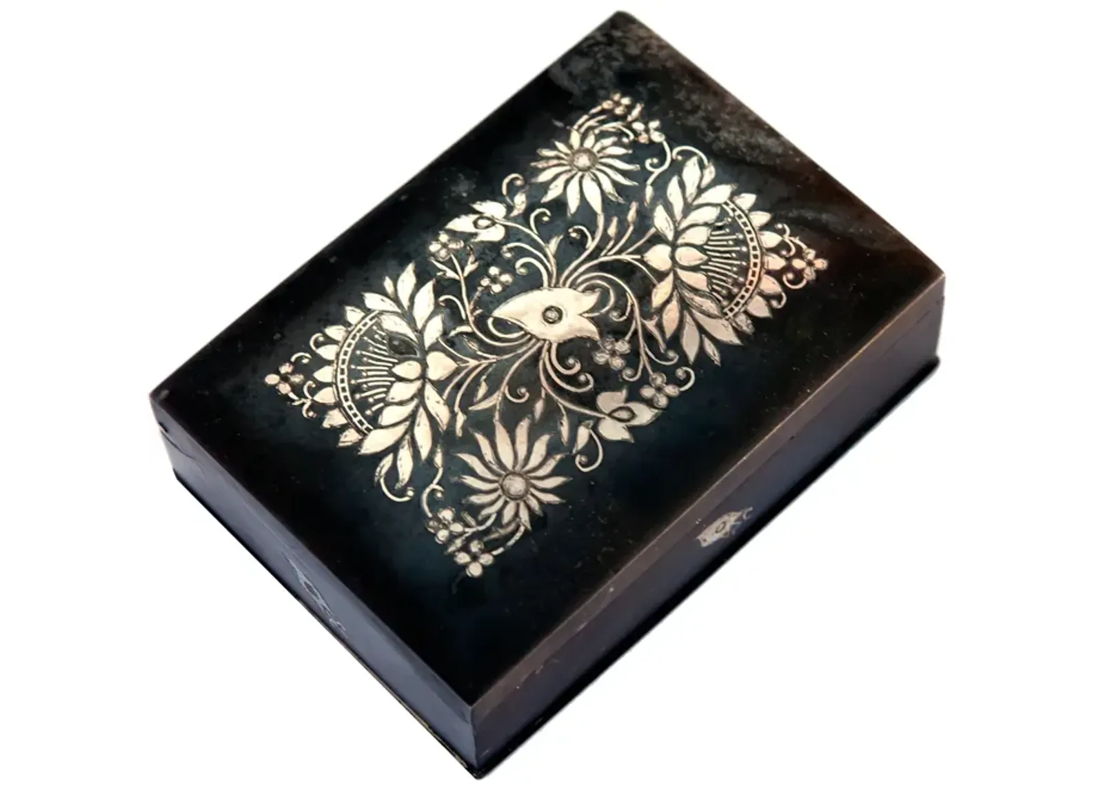 Antique India Pewter Box Sterling Inlaid - Fleur de Lex Antiques - Brown