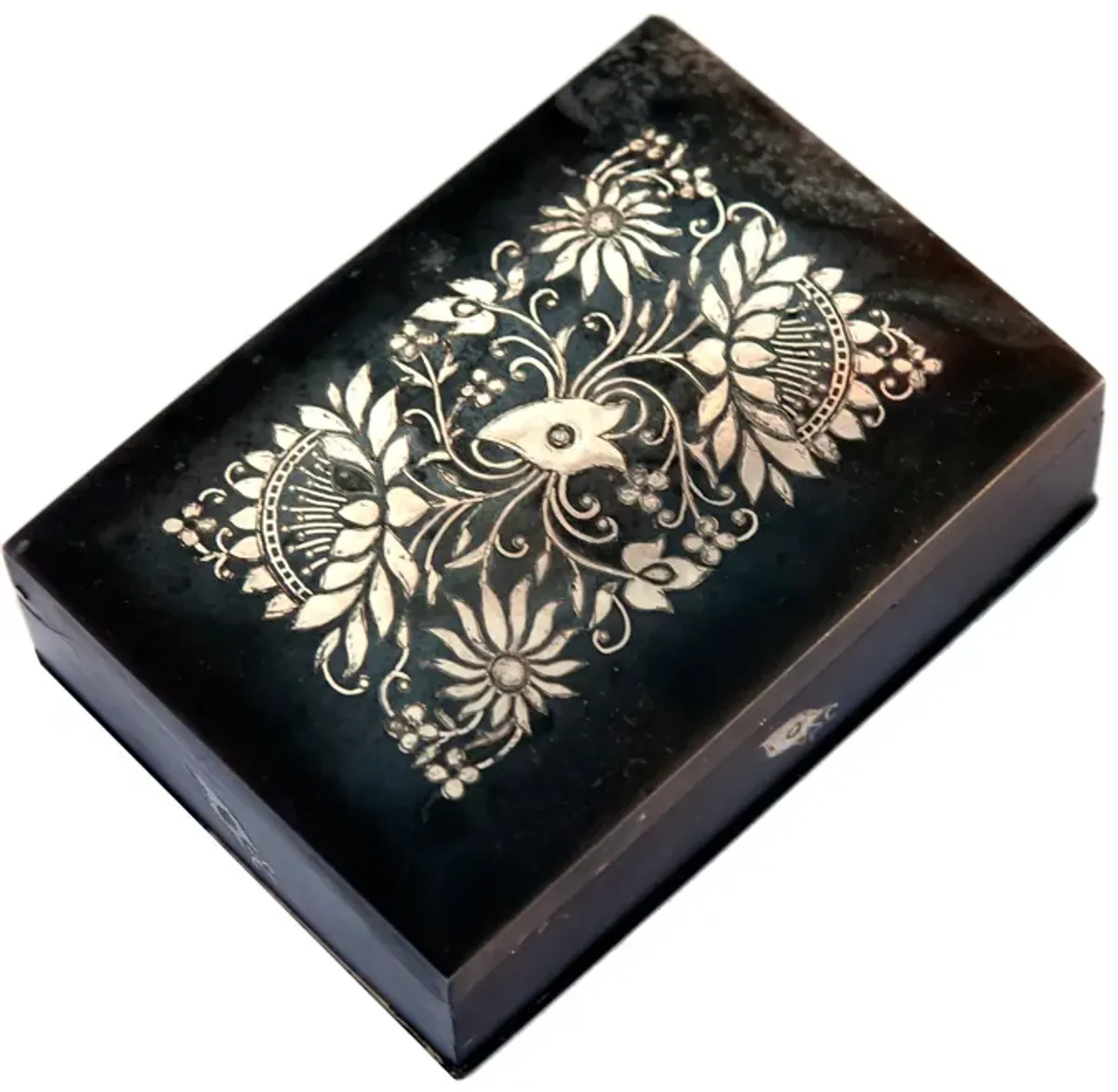 Antique India Pewter Box Sterling Inlaid - Fleur de Lex Antiques - Brown