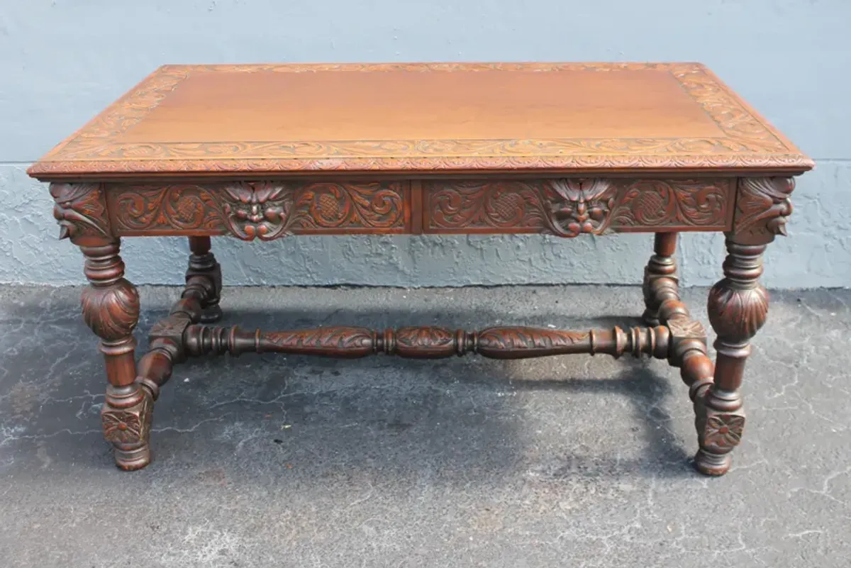 19thc French Carved Oak Writing Desk - Something Vintage - Brown