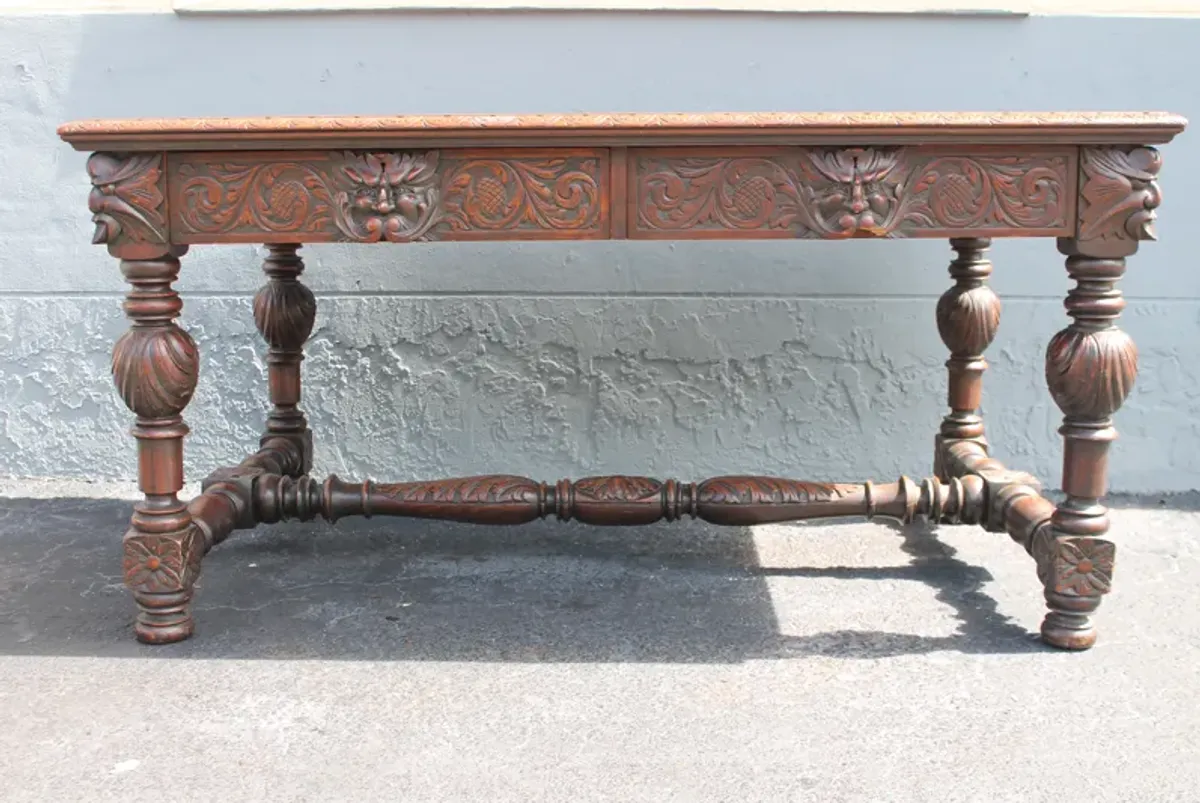 19thc French Carved Oak Writing Desk - Something Vintage - Brown