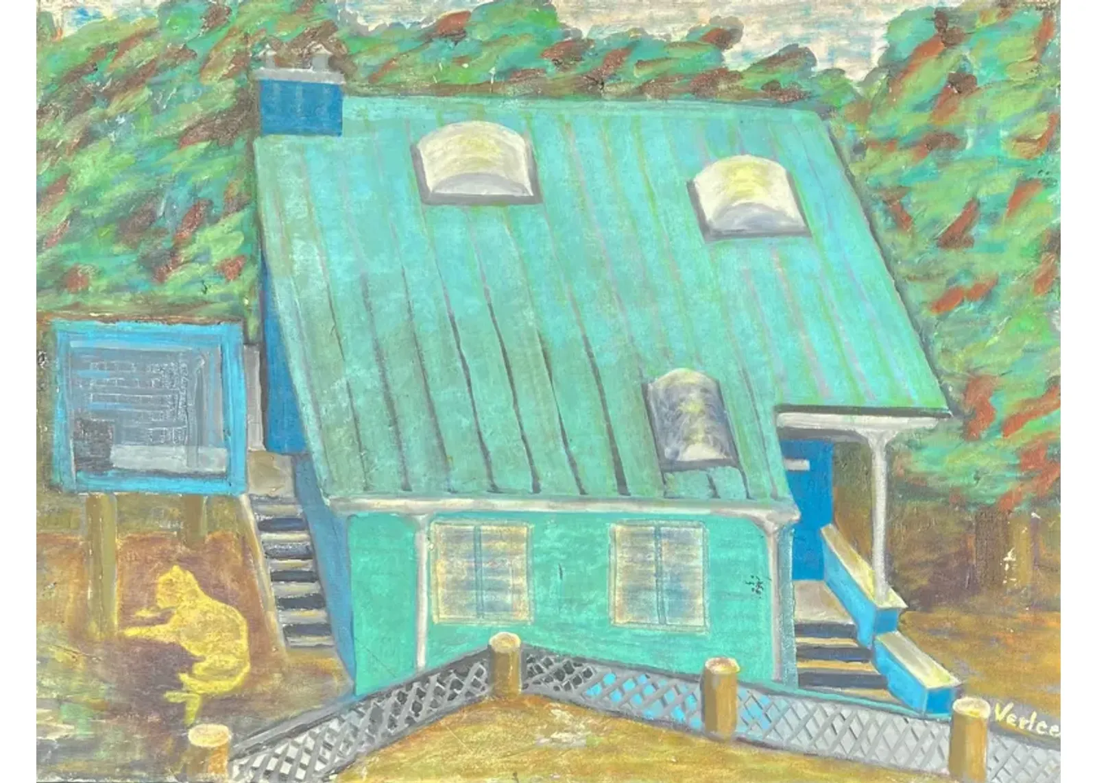 Tawny Cat - Turquoise House - 1980s - McNaught Fine Art - Blue