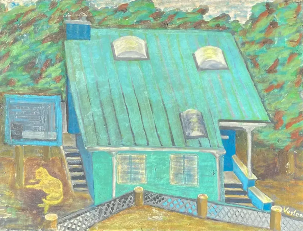 Tawny Cat - Turquoise House - 1980s - McNaught Fine Art - Blue