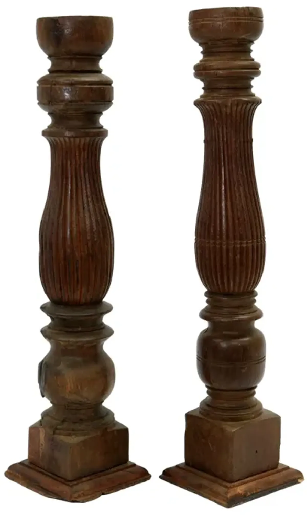 20" Hand-Carved Wood Candleholders - Set of 2 - Rose Victoria - Brown