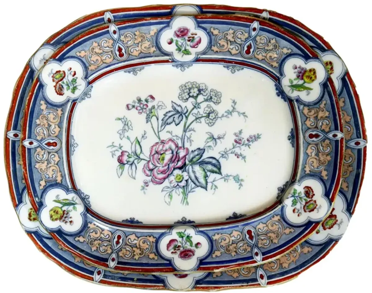 Antique English Ironstone Platters - Set of 5 - Rose Victoria - Blue