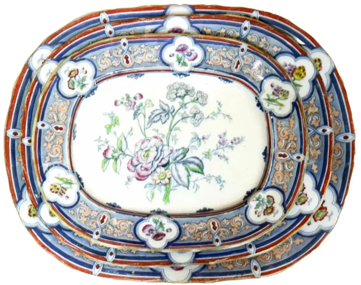 Antique English Ironstone Platters - Set of 5 - Rose Victoria - Blue