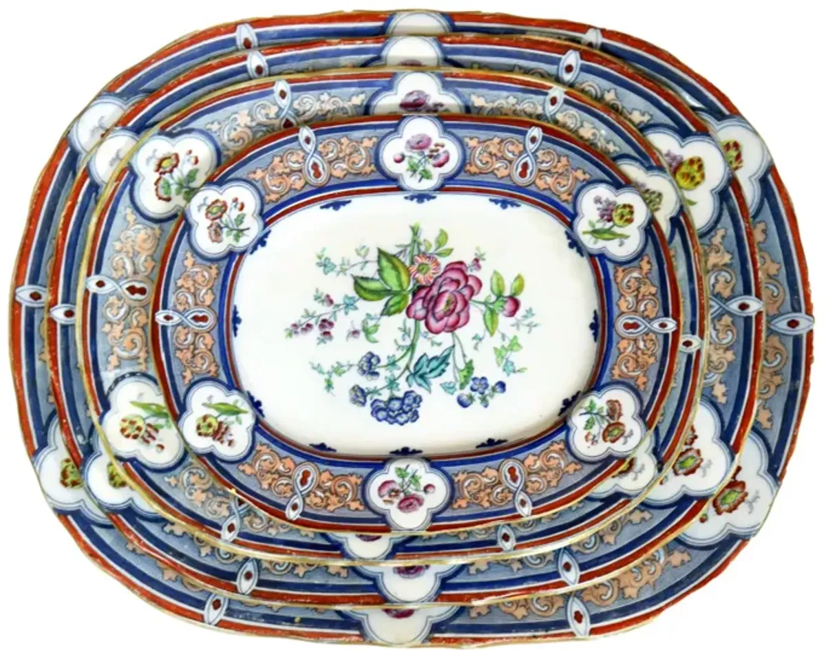 Antique English Ironstone Platters - Set of 5 - Rose Victoria - Blue