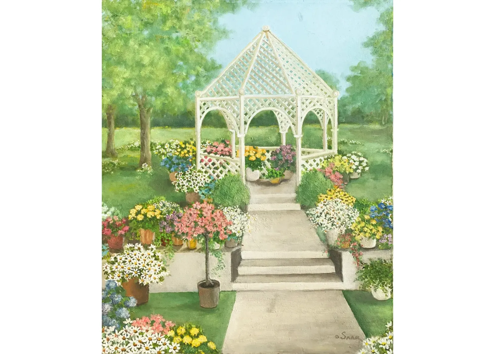 Wooden Pergola Surrounded by Flowers - McNaught Fine Art - Blue