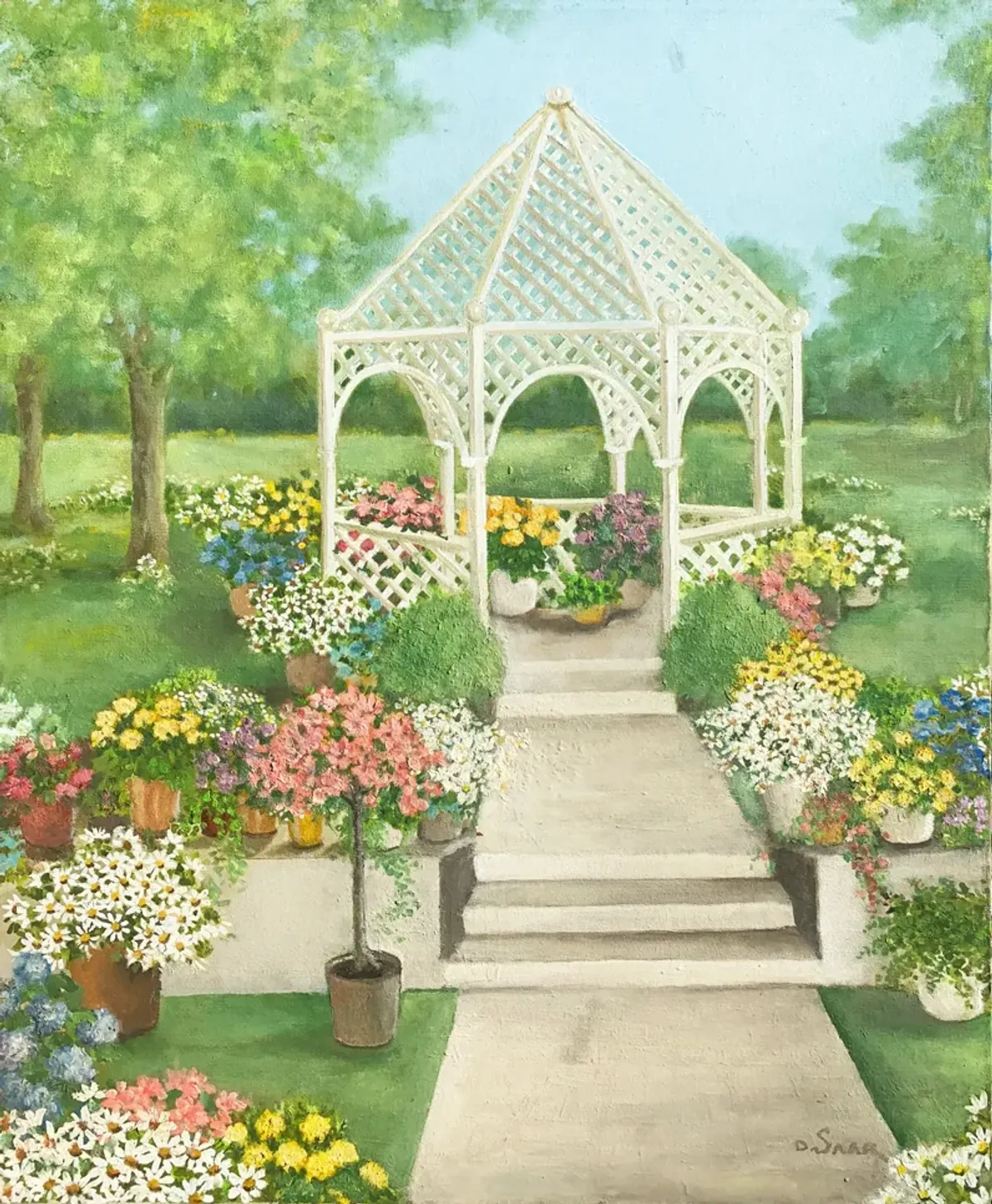 Wooden Pergola Surrounded by Flowers - McNaught Fine Art - Blue