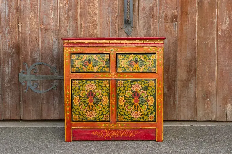 Antique Tibetan Painted Altar Cabinet - de-cor - red