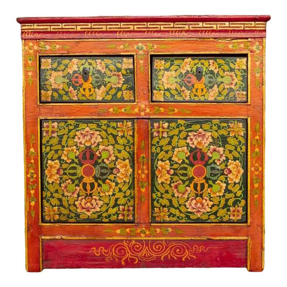 Antique Tibetan Painted Altar Cabinet - de-cor - red