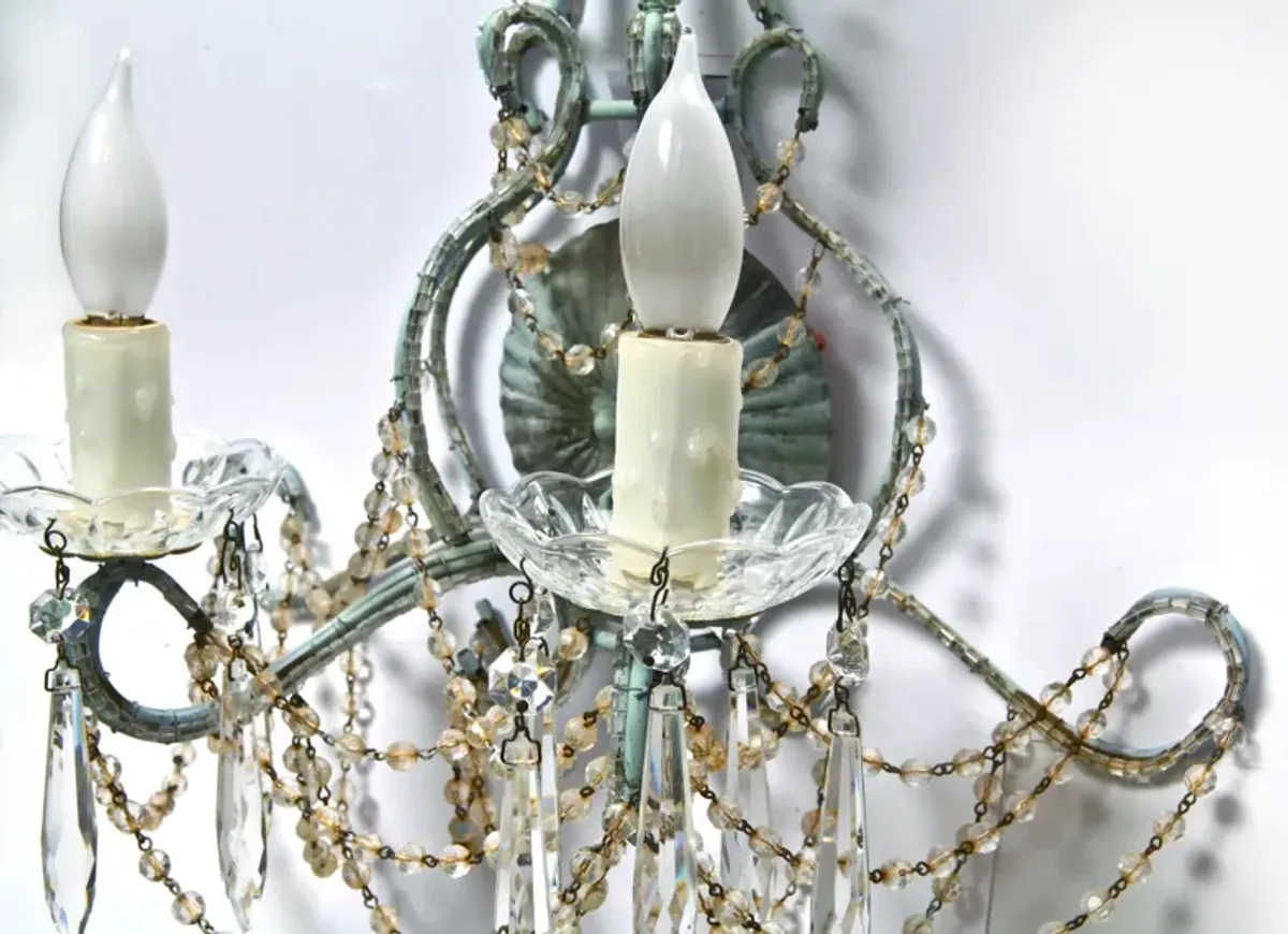 Hand painted Blue Beaded Crystal Sconce - Fleur de Lex Antiques