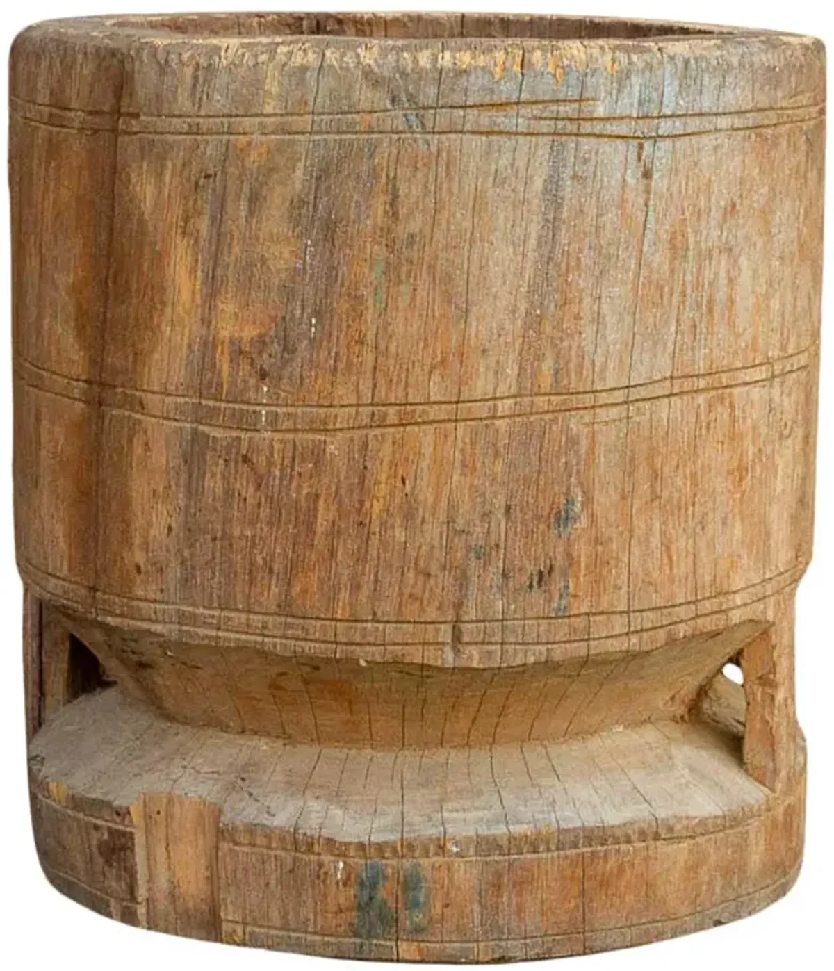 Primitive Indian Teak Grinder Outdoor Pot - de-cor - beige