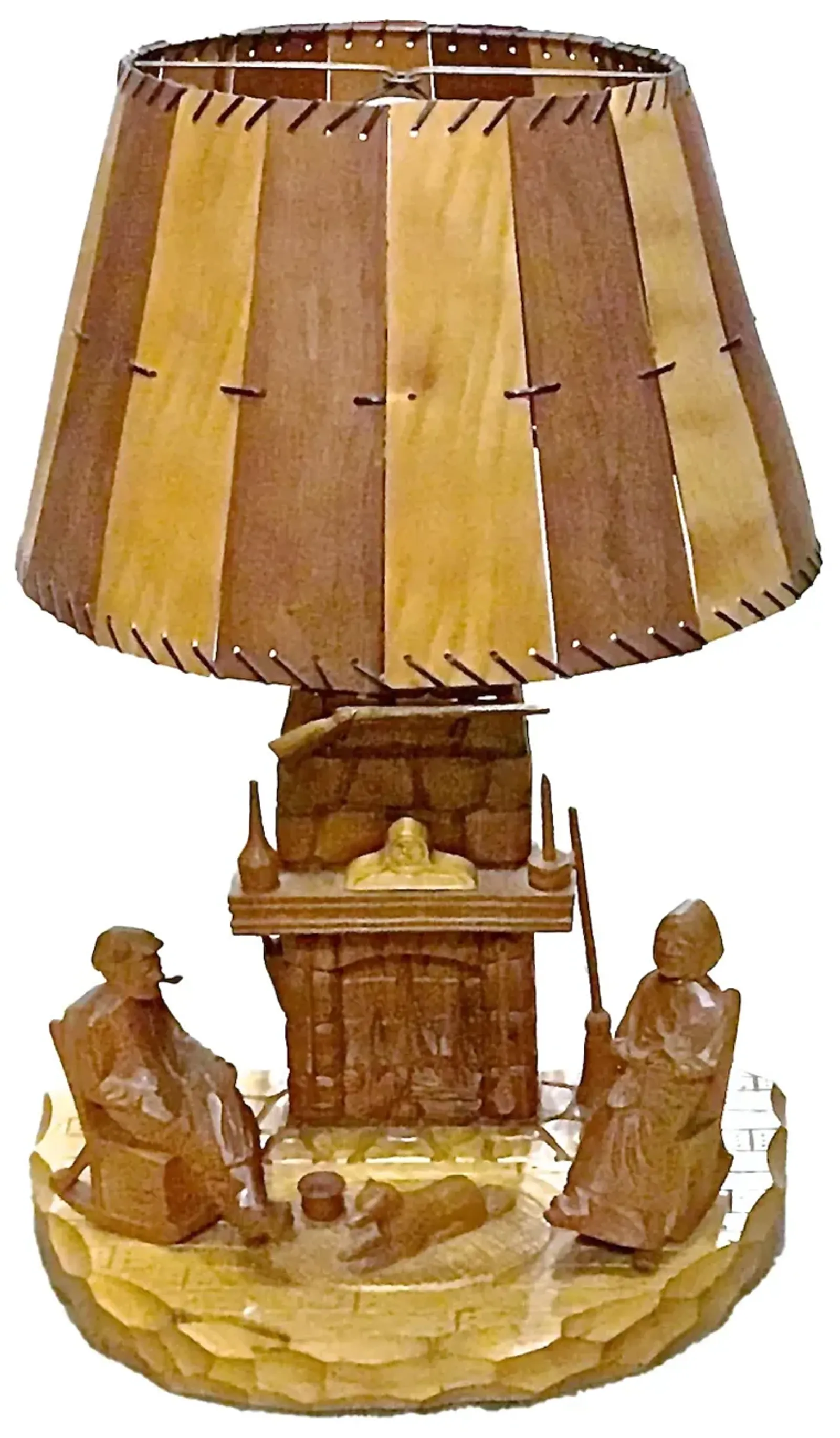 Carved Folk Art Fireside Scene Lamp - Vermilion Designs - Brown