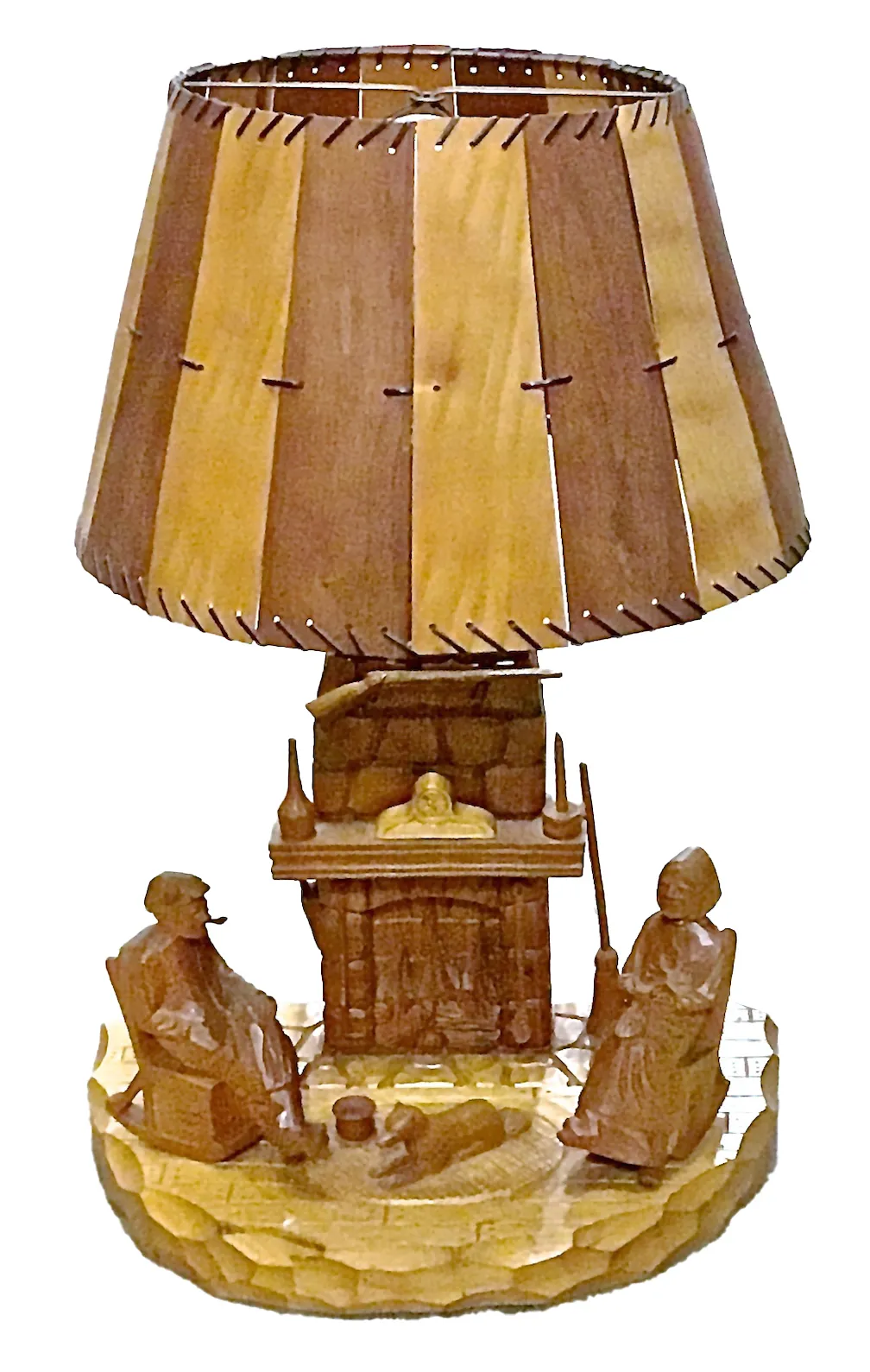 Carved Folk Art Fireside Scene Lamp - Vermilion Designs - Brown