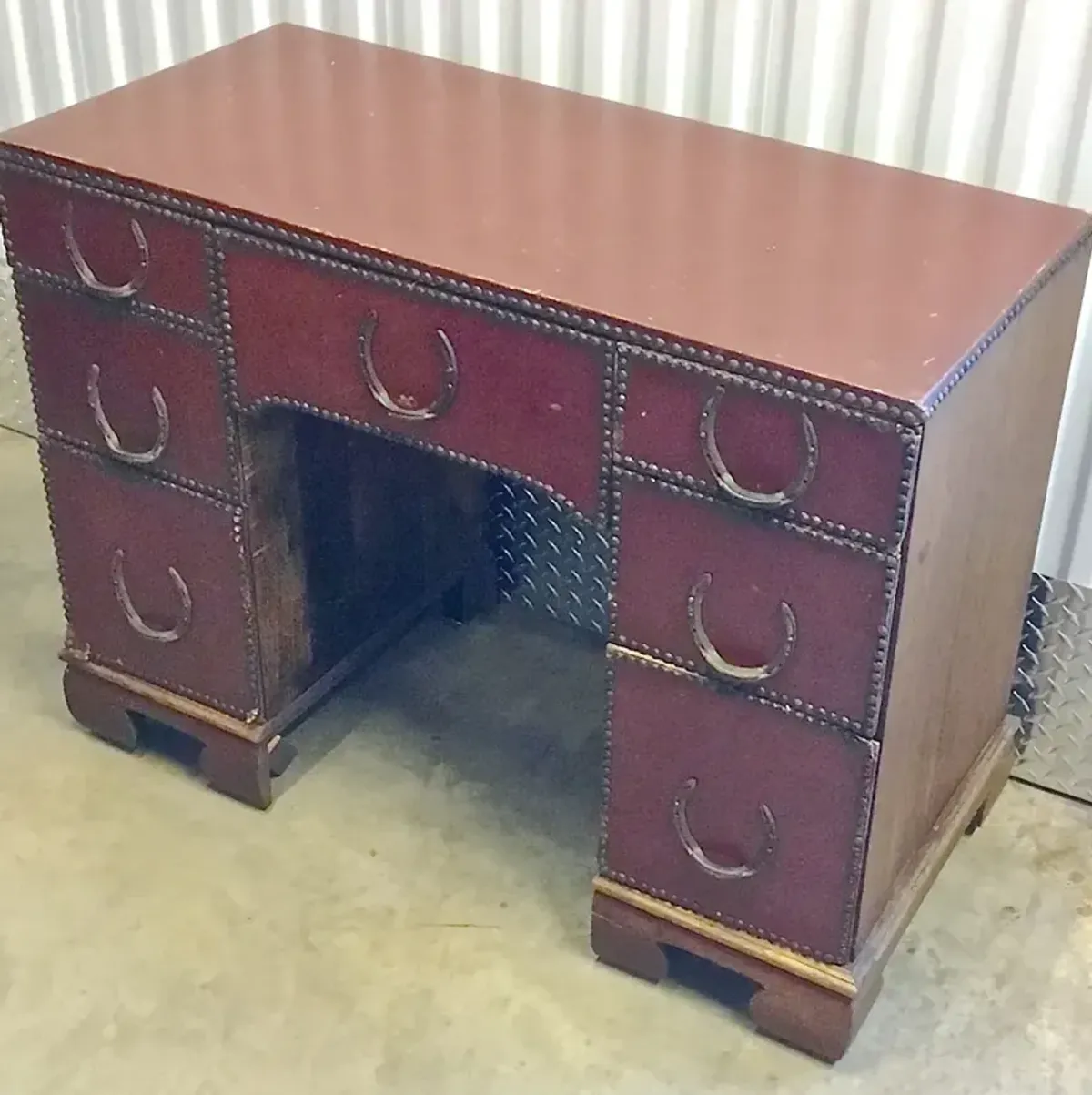 Antique Leather & Bronze Horseshoe Desk - Vermilion Designs - Red